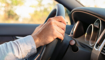 close up oh hand person on steer wheel car