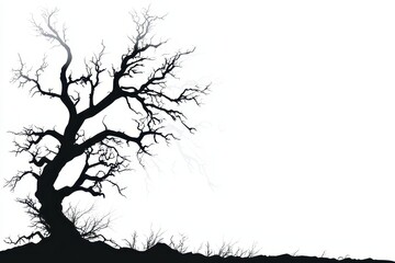 Fototapeta premium A minimalist silhouette of a tree with intricate branches and roots, surrounded by faint abstract shapes symbolizing growth and strength, rendered with crisp and smooth lines. 