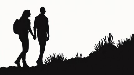 A serene silhouette of a couple walking hand in hand along a quiet beach, with faint waves in the background, capturing the essence of love and connection through simple and refined shapes. 