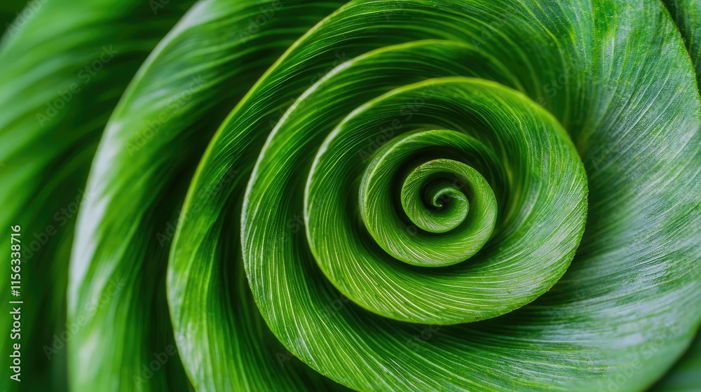 Poster Greenery palms idea. Close-up view of a vibrant green leaf showcasing its spiral pattern and texture.