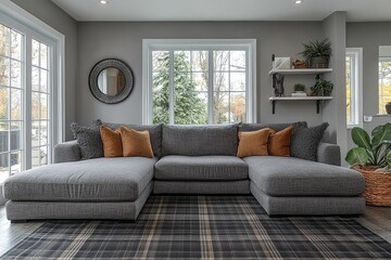 Modern living room with dark grey fabric multifunctional sofa, chaise, two accent chairs, black plaid rug, and white metal shelf with wall mirrors. Contemporary home decor ideas.