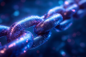 Close-up artistic view interconnected chains blockchain technology digital trust secure decentralized connections blend of industrial futuristic aesthetic rustic rain dots blue yellow rust