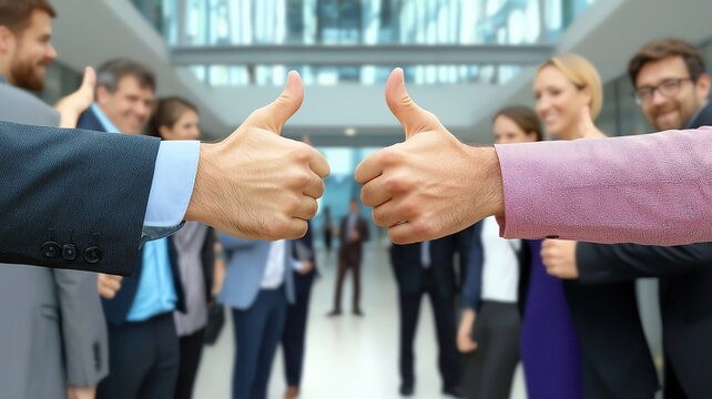 Business partners giving thumbs up, showing successful collaboration and trust