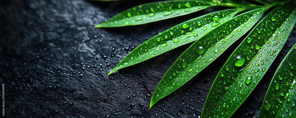 Poster greenery palms idea. close-up of vibrant green leaves with water droplets on a dark surface.