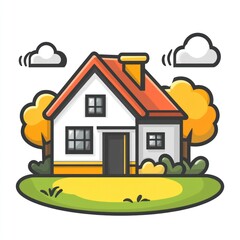 Cartoon house with red roof, trees, and clouds.