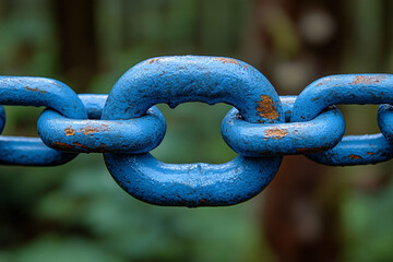 Close-up artistic view interconnected chains blockchain technology digital trust secure decentralized connections blend of industrial futuristic aesthetic rustic rain dots blue yellow rust