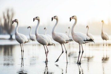 Obraz premium Flamingos taking flight from a serene pond in Camargue, France during early morning light