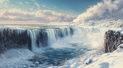Fototapeta premium A frozen expanse of cliffs and glacial ice features a roaring waterfall surrounded by winter stillness.