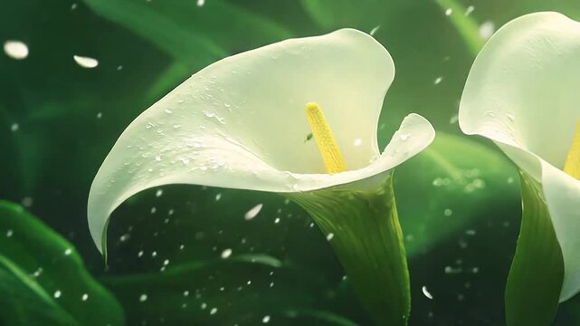A captivating depiction of two white calla lilies with delicate details, surrounded by lush green leaves and a soft, atmospheric background. The image evokes a sense of purity, elegance, and tranquili