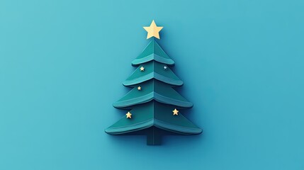 Obraz premium A futuristic flat-design Christmas tree composed of sharp, clean shapes, adorned with a star on top and set on a blue background.