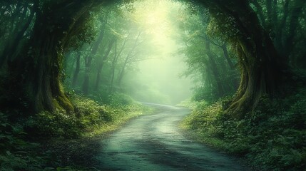 Obraz premium Lush Green Forest Pathway Illuminated by Soft Sunlight in a Tranquil Natural Setting Ideal for Serenity and Rejuvenation