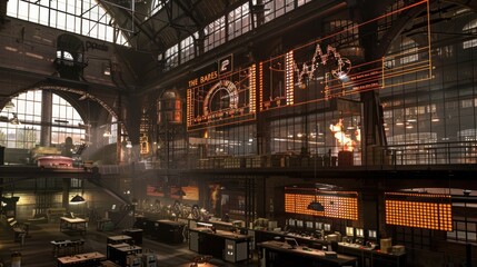 Fototapeta premium Futuristic industrial exchange hall with fiery scene and data displays.