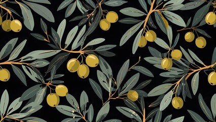 Olive Branch with Leaves and Fruit Seamless Pattern in a Trendy Minimal Style. Outline of a Botanical Background. Generative AI