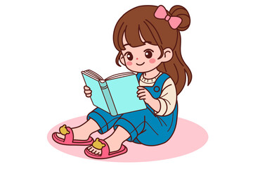 A little girl is happily reading a book.