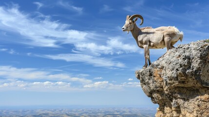 Obraz premium Majestic bighorn sheep standing on a clifftop against a vibrant blue sky.