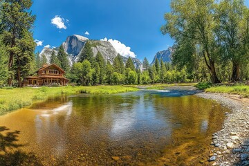 Fototapeta premium A panoramic shot of Yosemite Valley showcasing El Capitan and Half Dome with the winding Merced River in the foreground.