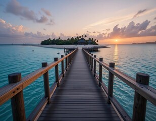 Obraz premium Wooden walkway leads to tropical island sunset paradise