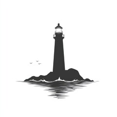 Black lighthouse on rocks, with light and sea reflection.