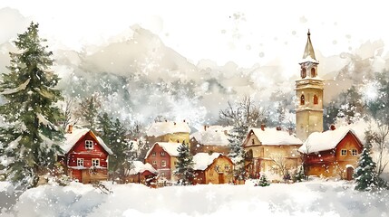 watercolor painting depicting a quaint winter village scene features a cluster of charming, snow covered houses with steep roofs, painted in warm tones of red, brown, and beige