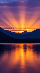 Majestic Sunset Over Mountain Lake Silhouetted Peaks