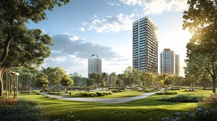 Obraz premium Modern City Park Oasis: A serene park with lush green lawns, winding paths, and towering modern apartment buildings create a peaceful haven in the heart of a vibrant city.