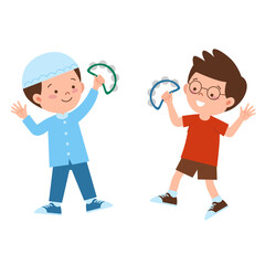 Two boys playing tambourine