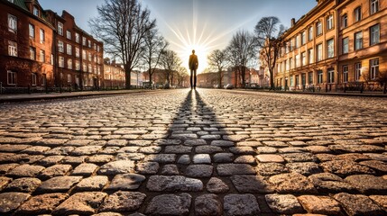Fototapeta premium Lone figure standing on cobblestone street with sunrise in background
