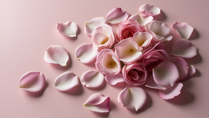 Fototapeta premium A delicate arrangement of soft pink rose petals scattered gracefully on a pastel pink background