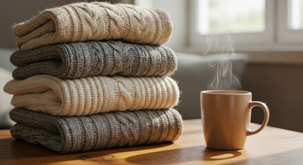 Stacked Knit Sweaters Beside A Warm Drink