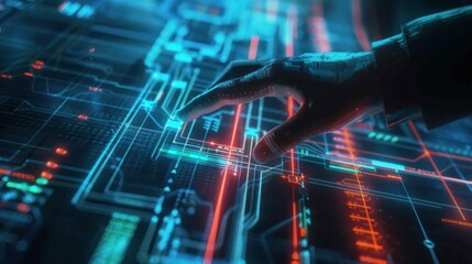 Hand interacting with futuristic digital interface.