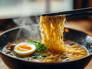 Ramen noodles being pulled by chopsticks with an egg