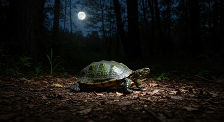 Turtle traversing a moonlit forest path at night