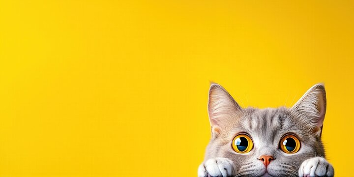 Gray British Shorthair Cat Peeking with Big Amber Eyes Against Bright Yellow Background – Minimalist Wallpaper Animal Photography