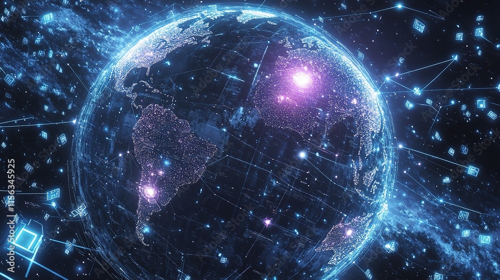 Poster digital globe with technology elements and gradient background