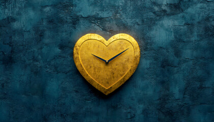 Obraz premium Golden heart-shaped clock design on a textured blue background.