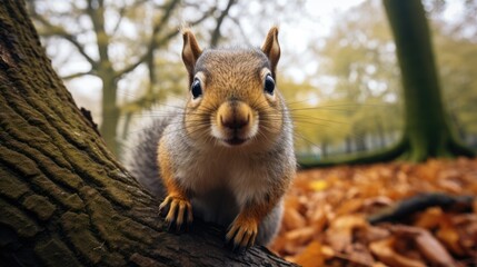 Fototapeta premium Curious Squirrel on a Tree Trunk in Autumn