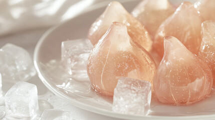 Fototapeta premium Exquisite Pink Peach Pears Sparkling Ice Cube Elegant White Plate Styled Delicate Lighting Refined Refreshing Still Life Composition glaze resin toy home decor slime charm glass frost fake food fruit