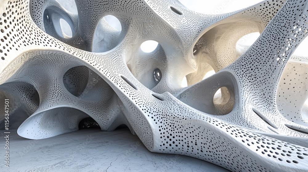 Poster abstract white organic architecture with holes and textures.