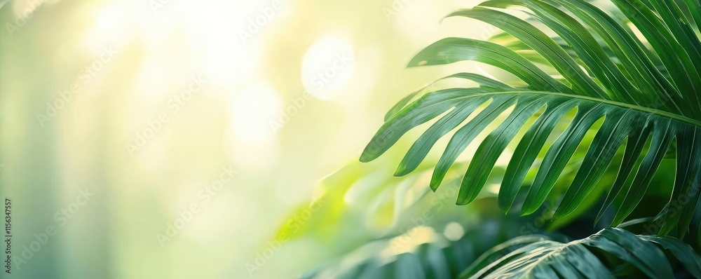 Poster greenery palms idea. vibrant green leaves softly illuminated in a tranquil natural setting.