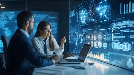 Business Colleagues Analyze Data On Interactive Display