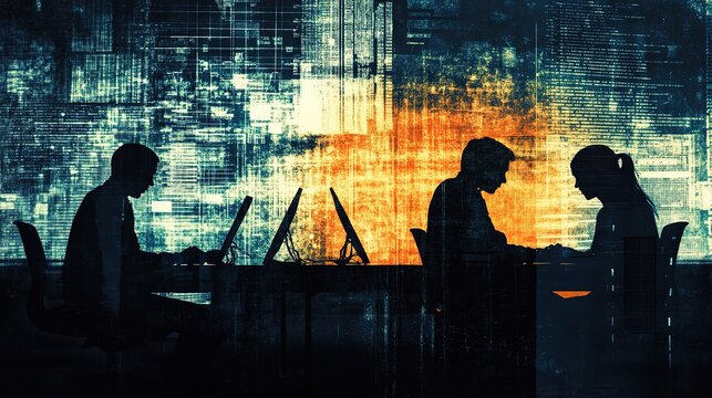 Business Silhouettes with Network Background Concept for Collaboration