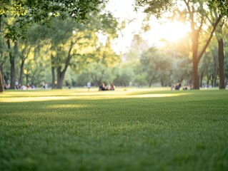 Obraz premium A serene park scene with lush green grass, trees, and sunlight filtering through, creating a peaceful atmosphere for relaxation.