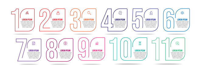 infographic business design for your presentation with 11 sections containing icons, numbers, directions and colors