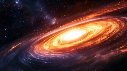 Obraz premium Digital illustration depicting a swirling galaxy or accretion disk in space with a central light source surrounded by concentric rings of glowing orange hues, suggesting intense heat and energy