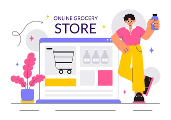 Online Grocery Store Vector Illustration Featuring Food Product Shelves, Racks with Dairy, Fruits, and Drinks for Shopping Orders via Telephone