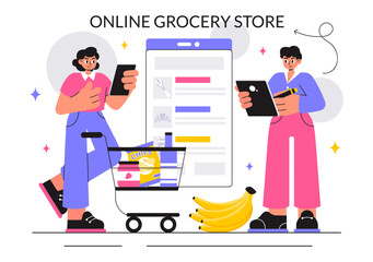 Online Grocery Store Vector Illustration Featuring Food Product Shelves, Racks with Dairy, Fruits, and Drinks for Shopping Orders via Telephone