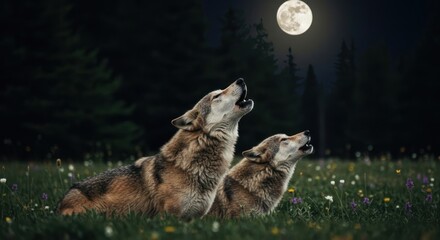 Two Wolves Howling at the Night Moon