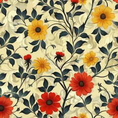 A floral pattern featuring red, yellow, and orange flowers on a soft beige background.