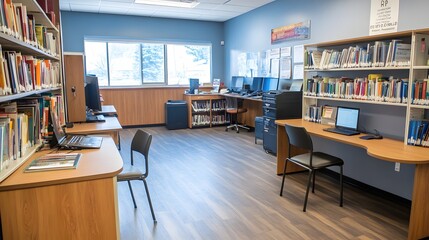 Modern Library Study Room With Computers And Bookshelves