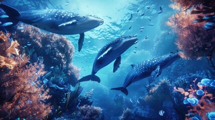 Fototapeta premium Three whales swimming through a vibrant underwater landscape filled with coral and marine life.